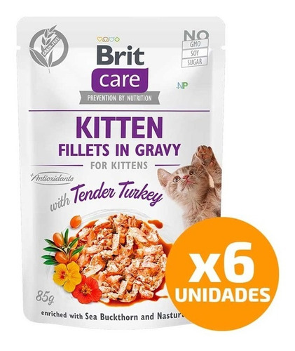6 X Alimento Gatito Brit Care Cat Pouch Kitten Pavo 85gr. Np
