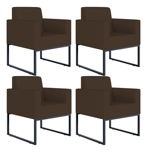 Kit 04 Poltronas Decorativas Sala e Recepção Base Fixa de Metal Helô L02 Suede Marrom