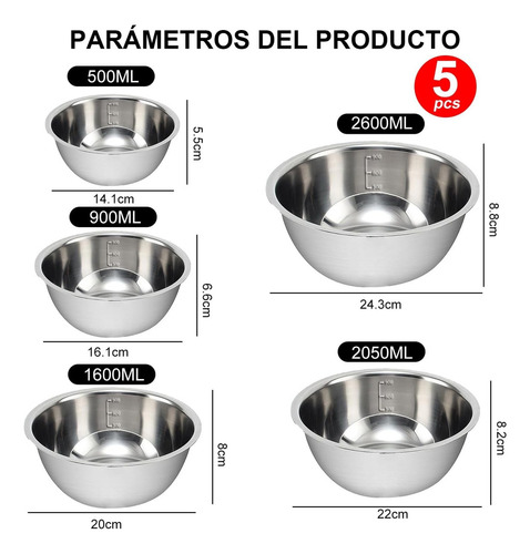 Juego De Tazones Para Mezclar De 5 Piezas, Bowls De Acero