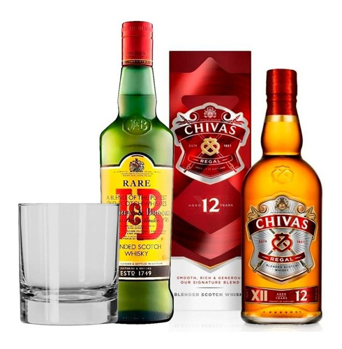 Whisky 12 Chivas 700ml + J & B Blend 750ml + Vaso Bohemia 