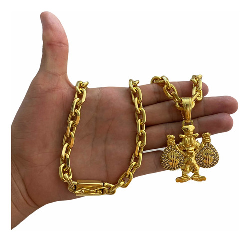 Cordão 12mm Cadeado Banhado A Ouro + Pingente Tio Patinhas