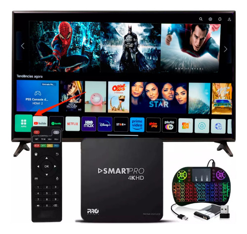 Smart Pro 4k 5g Netflix Playstore + Mini Teclado Preto Padrão