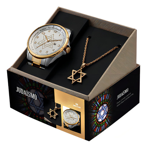 Kit Relógio Masculino Com Colar Judaísmo Prata E Dourado Sec