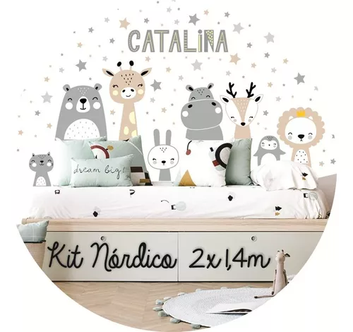 Vinilo Medidor Infantil Nórdico - Animales Y Estrellas