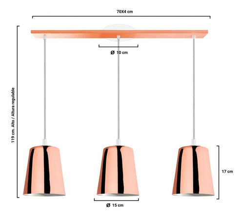 Lampara Colgantes 3 Luces Ajustable Apto Led E27 Living Deco Color Cobre