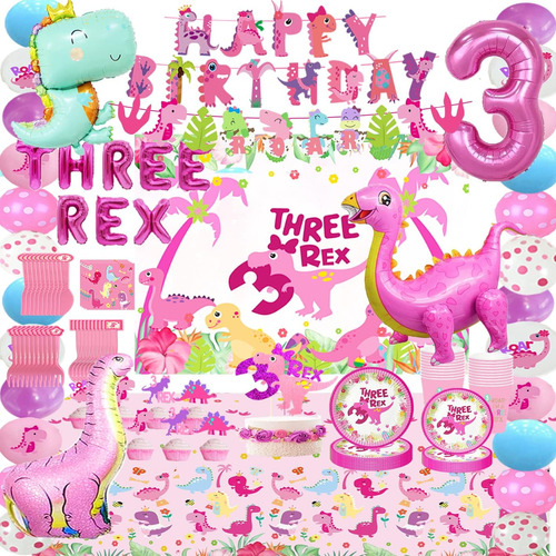 Decoraciones De Fiesta De Cumpleaños Pink Three Dino Rex Din