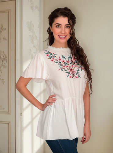 Blusa Moda Mujer Bordado Bluson Cuello Tejido E811
