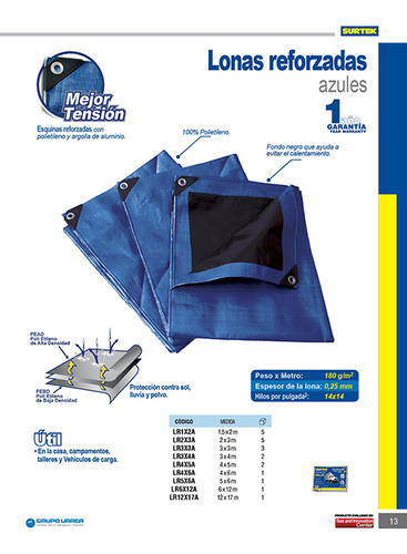 Lona De Polietileno Reforzada Color Azul, 6 X 12 M Surtek