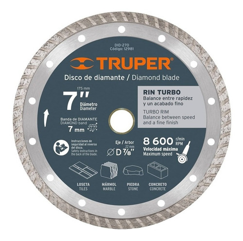 Disco Cortar Truper Diamantado Turbo # Did-270 7 Pulgadas