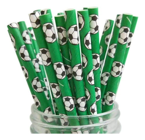 25 Popotes O Pajillas De Papel Con Diseño De Futbol Verde