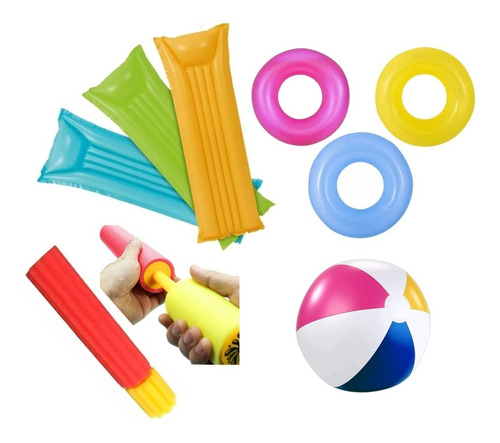 Kit Colchoneta Inflable Aro Salvavida Pelota Lanza Agua Play