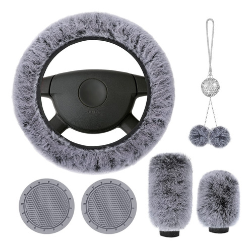 Juego De 6 Accesorios Para Volante Auto Gris Pelo Corto