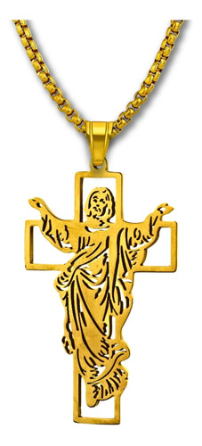 Collar Hombre Y Mujer Dije Cruz Mesias Jesus Acero Color Oro