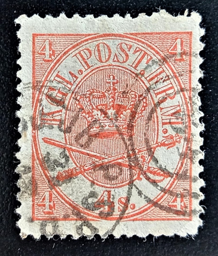 Dinamarca, Sello Yv 13 Escudo 4s Rojo 1864 Usado L17994