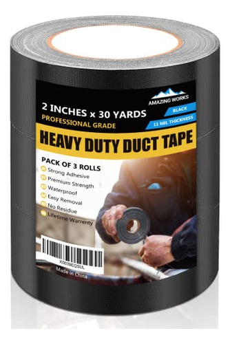 Duct Tape Heavy Duty Waterproof Bulk Of 3, 11 Mils Blac...