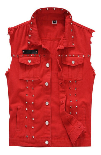 Men's Double Red Jeans Vest With Punk Rock Studs