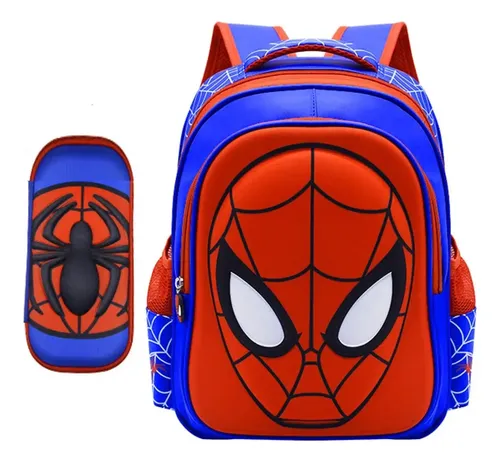 Mochila Infantil Con Estuche Lápices Spider-man Para Estudiante Azul Floreado