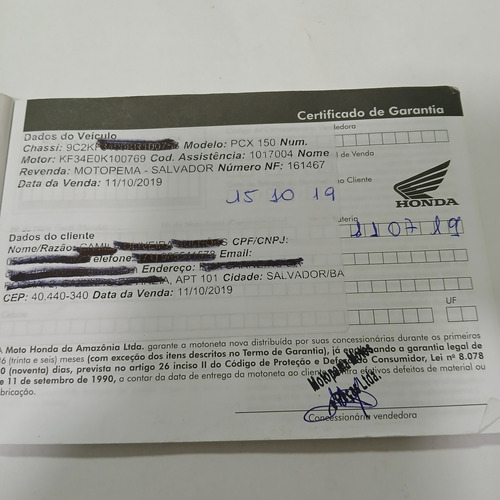 Manual Do Proprietário Honda Pcx 150 2019 Dlx Sport Rev 12k (Usado)