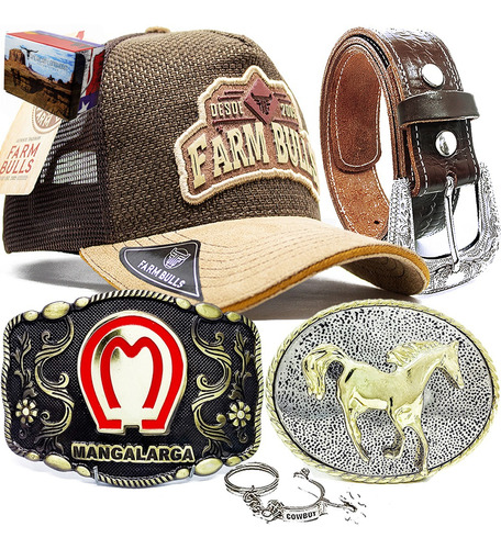 Kit Presente Cinto Fivela Country Cowboy Rodeio Cavalo Bone Chaveiro