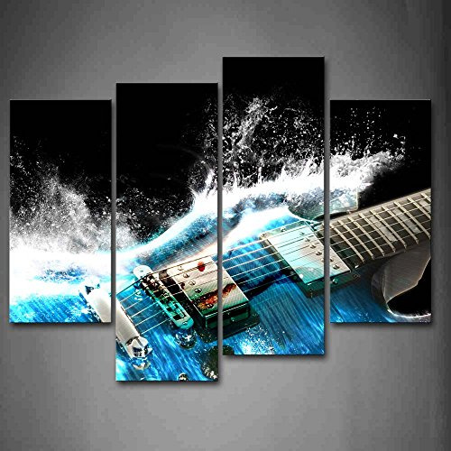 Pintura De Arte De Pared De Guitarra Azul Y Olas Que Se...