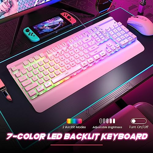 Pacote De Teclado Gamer Rosa Led, 104 Teclas, Anti-ghosting