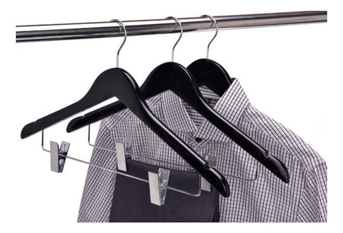 Imagen 1 de 8 de Perchas Madera Negras Con Broches Premium X 10