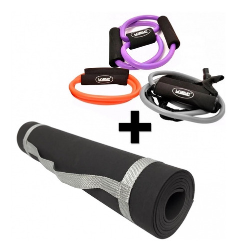 Imagem 1 de 6 de Kit 3 Extensores Elástico Tensão Media + Colchonete Preto