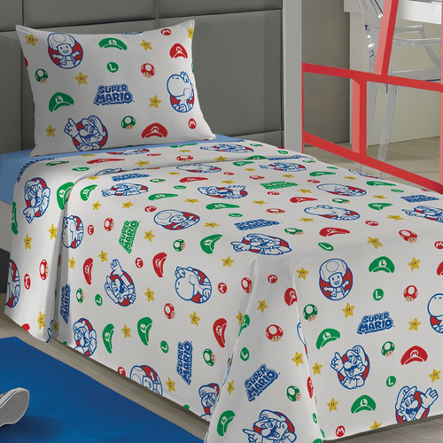 Jogo De Lençol Cama Solteiro 3pçs Algodão Super Mario Lepper