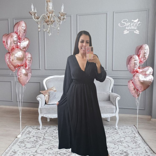 Imagem 2 de 3 de Vestido Longo Feminino Manga Longa Viscolinho Com Fenda