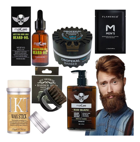 Kit Barba Cepillo + Cera + Aceite Barbería + Shampoo