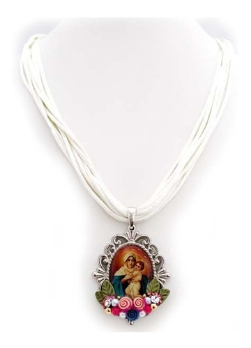 Collar Artesanal Blanco Con Medallón Niquelado Virgen María