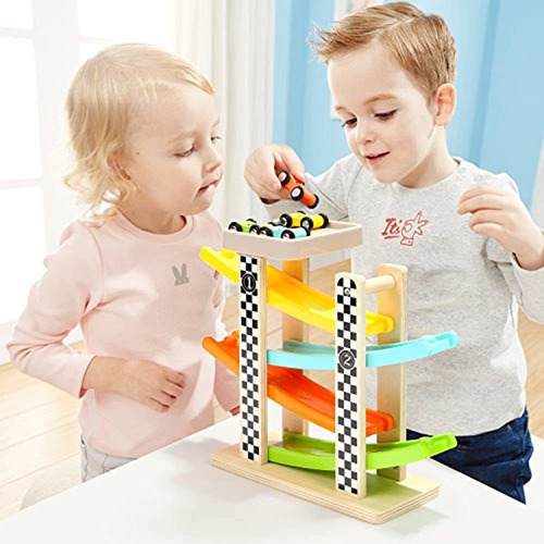 aotipol - Juguetes Montessori para niños de 2 y 3 años de edad, juguete de  rampa para autos con 6 autos, con pistas para los autos y rampas, y con