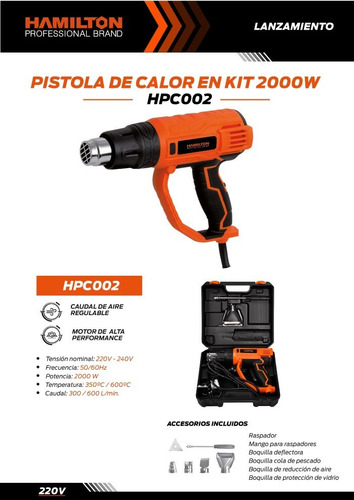 Imagen 2 de 9 de Pistola De Calor Hamilton 2000w Accesorios Maletin Hpc002