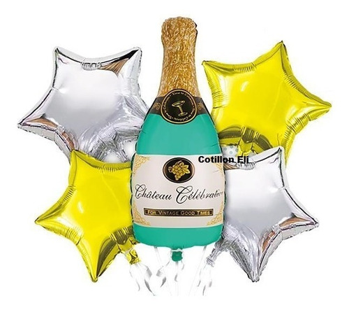  Set 5 Globos Foil  Botella De Champagne Estrellas 