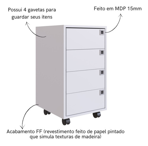 Gaveteiro Para Escritório Industrial 4 Gavetas Com Rodízios