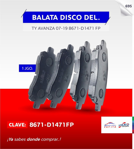 Balata Disco Delantera Toyota Avanza 2007-2019 Juego 4 Pzas