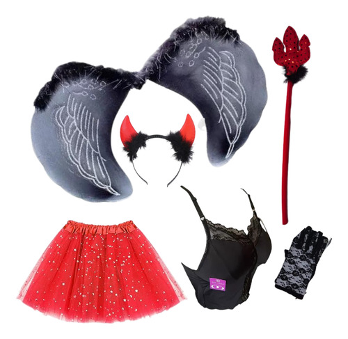 Conjunto Disfraz Adulto Halloween 6 Piezas Alas + Cachitos +