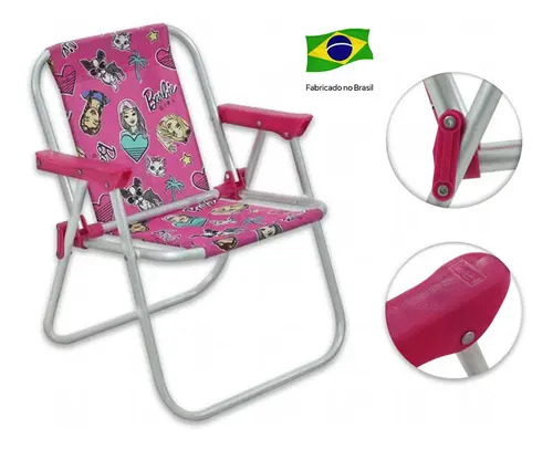 Cadeira Praia Infantil Alumínio Belfix Rosa Reclinável 30kg Barbie