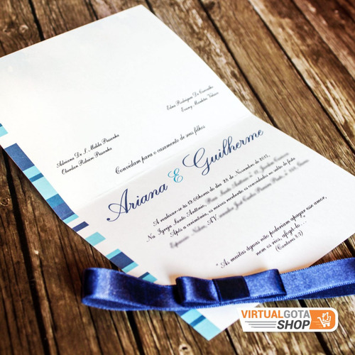 Imagem 2 de 6 de 100 Convites De Casamento Azul Royal Com Listras Com Tag
