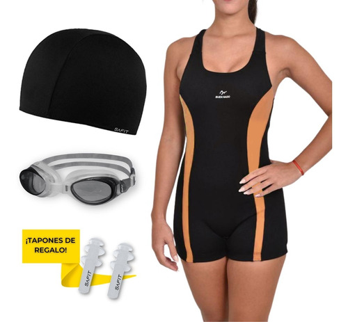 Combo Malla Con Short + Antiparra + Gorro Tela  Natacion Aquagym Cloro Resistente Buen Nado ®