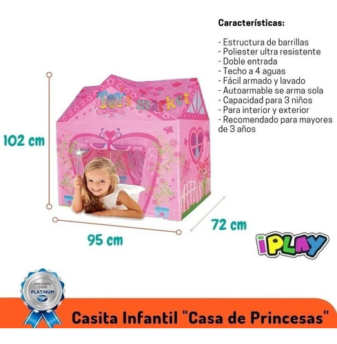 Imagen 4 de 7 de Casita Techo Princesas Rosa Casa Juego Nena Carpa Pvc Iplay