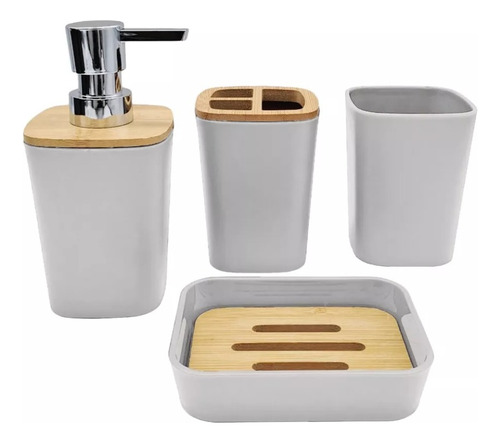 Set Baño X4 Piezas Plástico Bambu Cuadrado 