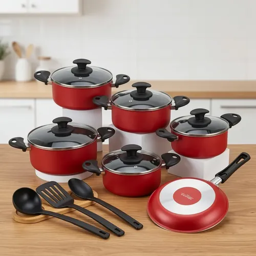 Jogo De Panelas ​Antiaderente 9 Peças  Aluminio Teflon Vermelho Preto