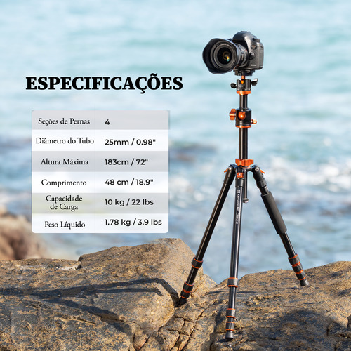 Tripé Alumínio K&f Concept 1,9m Ballhead Coluna horizontal