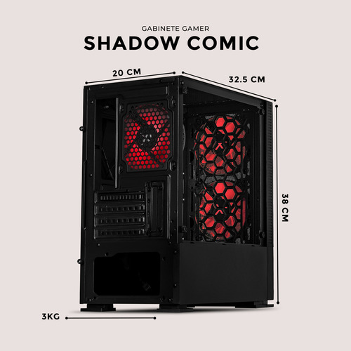 Gabinete Gamer Xtreme Pc Gaming Shadow Comic Edition Mini Torre Micro Atx 3 Fan Argb Mesh Cristal Templado