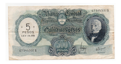 500 Pesos Moneda Nacional Resellado 5 Pesos Ley Bot. 2207 Mb