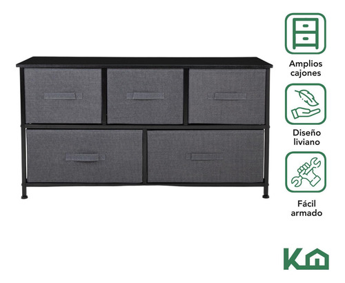 Cómoda Cajonera 5 Cajones De Tela Poliéster Mueble Organizador Metal MDF Color Gris Kingshouse