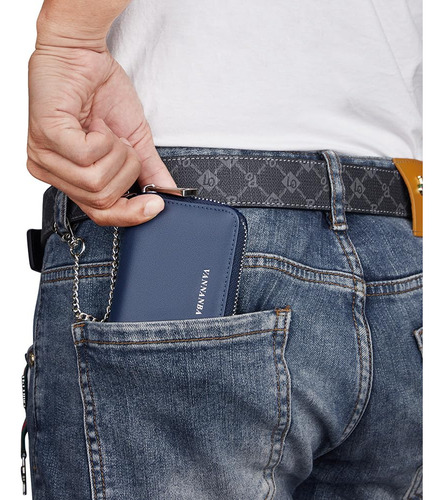 Cartera Cuero Genuino Azul Gran Capacidad Bloqueo Rfid