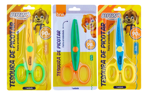 Kit 03 Tesoura Escolar Picotar 13cm Curva Zig Zag Onda - Brw