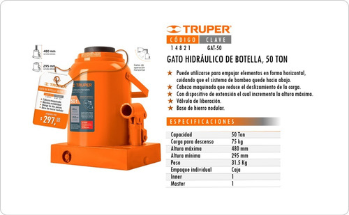 Imagen 2 de 3 de Gato Hidráulico De Botella De 50 Toneladas Truper 14821